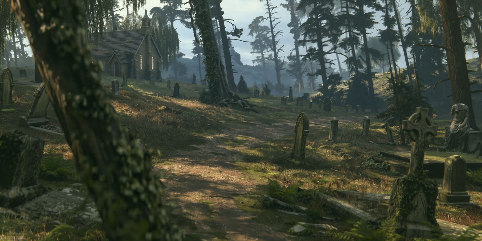 An overgrown graveyard on a wooded hillside below a small stone chapel.