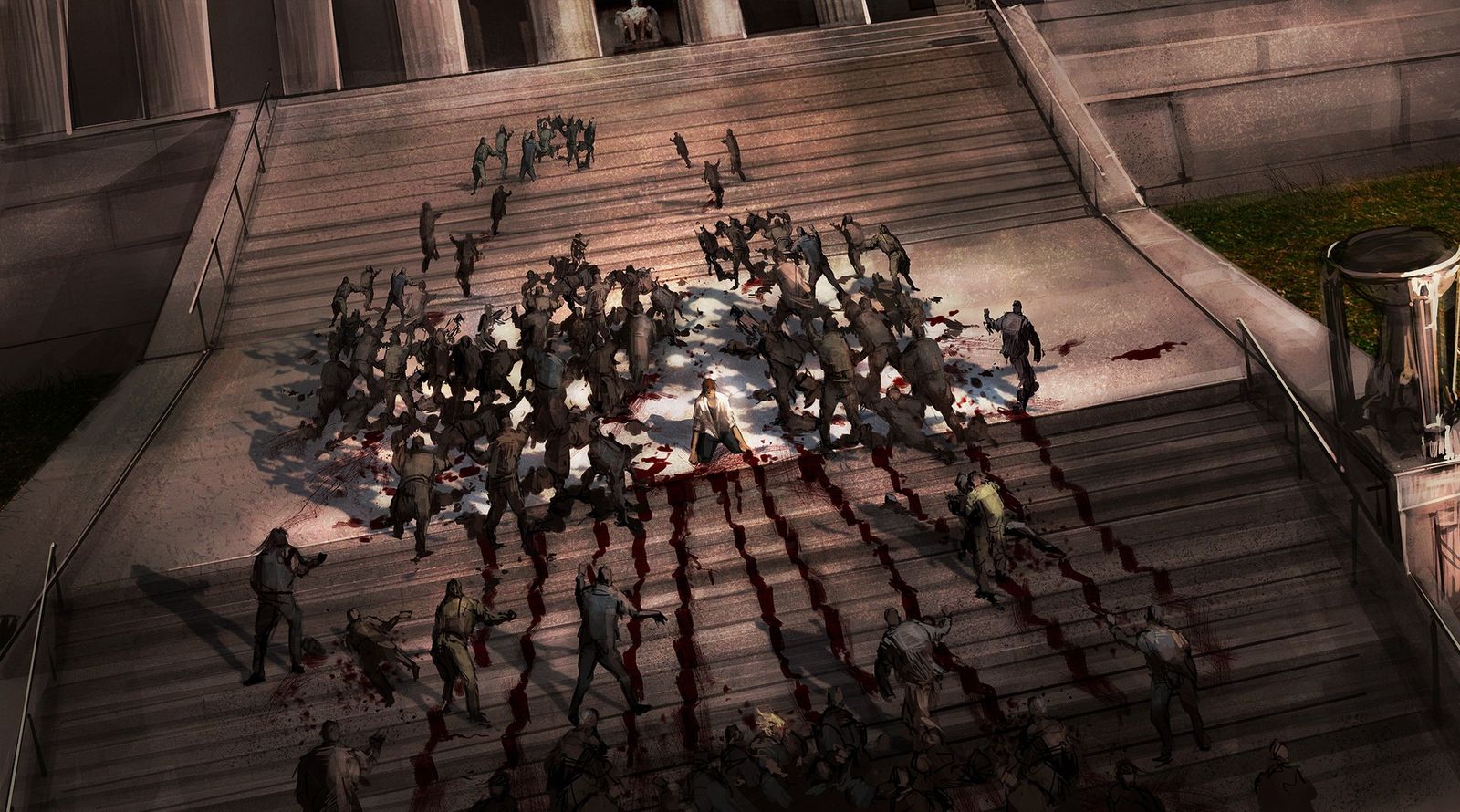 A survivor kneels on the blood-streaked steps of the Lincoln Memorial, surrounded by a horde of the dead.