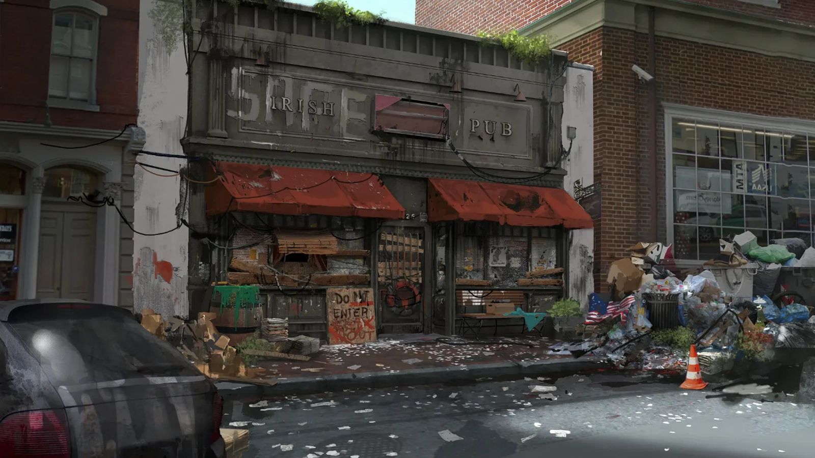A boarded-up Irish pub on a littered street, a hand-painted “Do not enter” sign propped against the door.