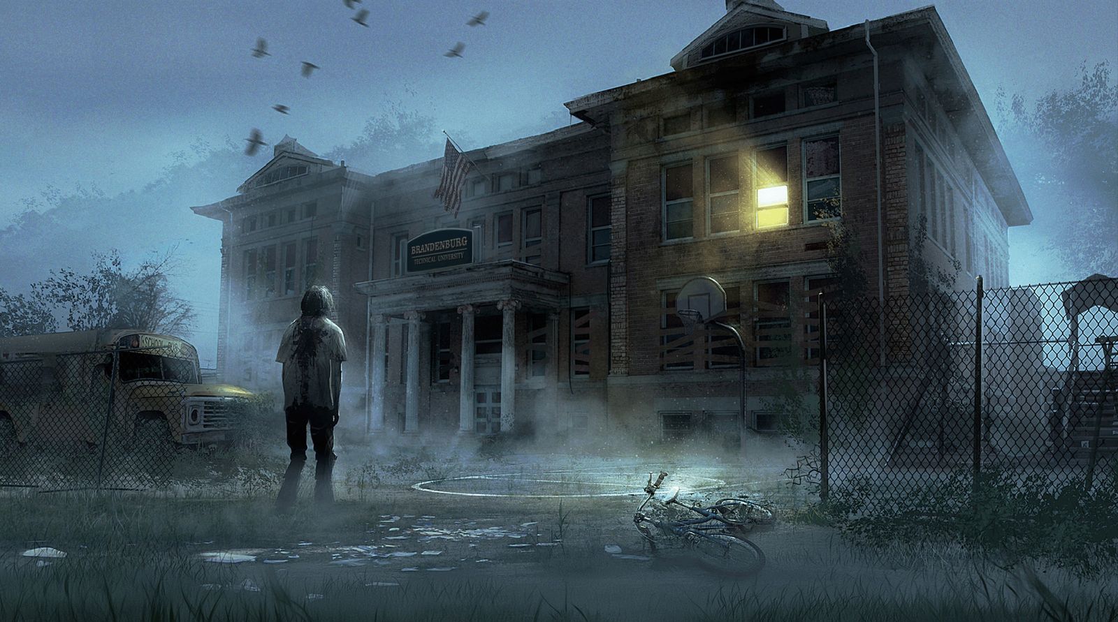 A boarded-up brick school, Brandenburg Technical University, at dusk. A lone figure stands in the fog of the yard beside an abandoned school bus.