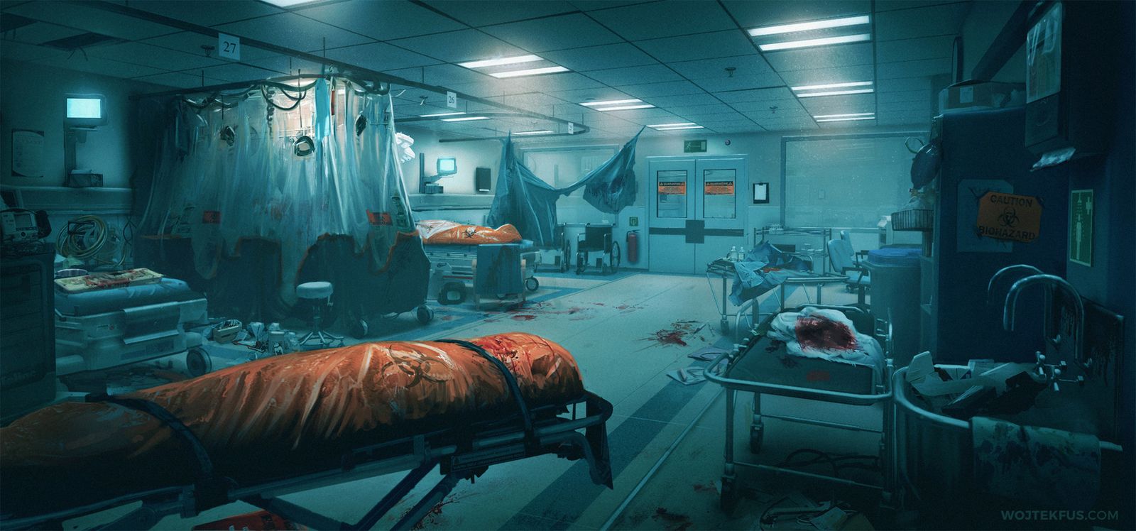A hospital emergency room under quarantine: a body in an orange biohazard bag on a gurney, plastic curtains, blood on the floor.