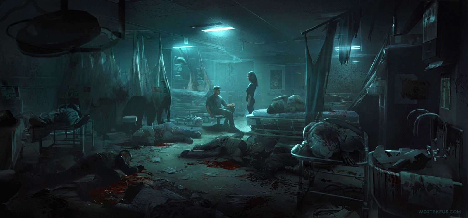 The same emergency room after the outbreak, dark and wrecked, the dead on the floor around two survivors.