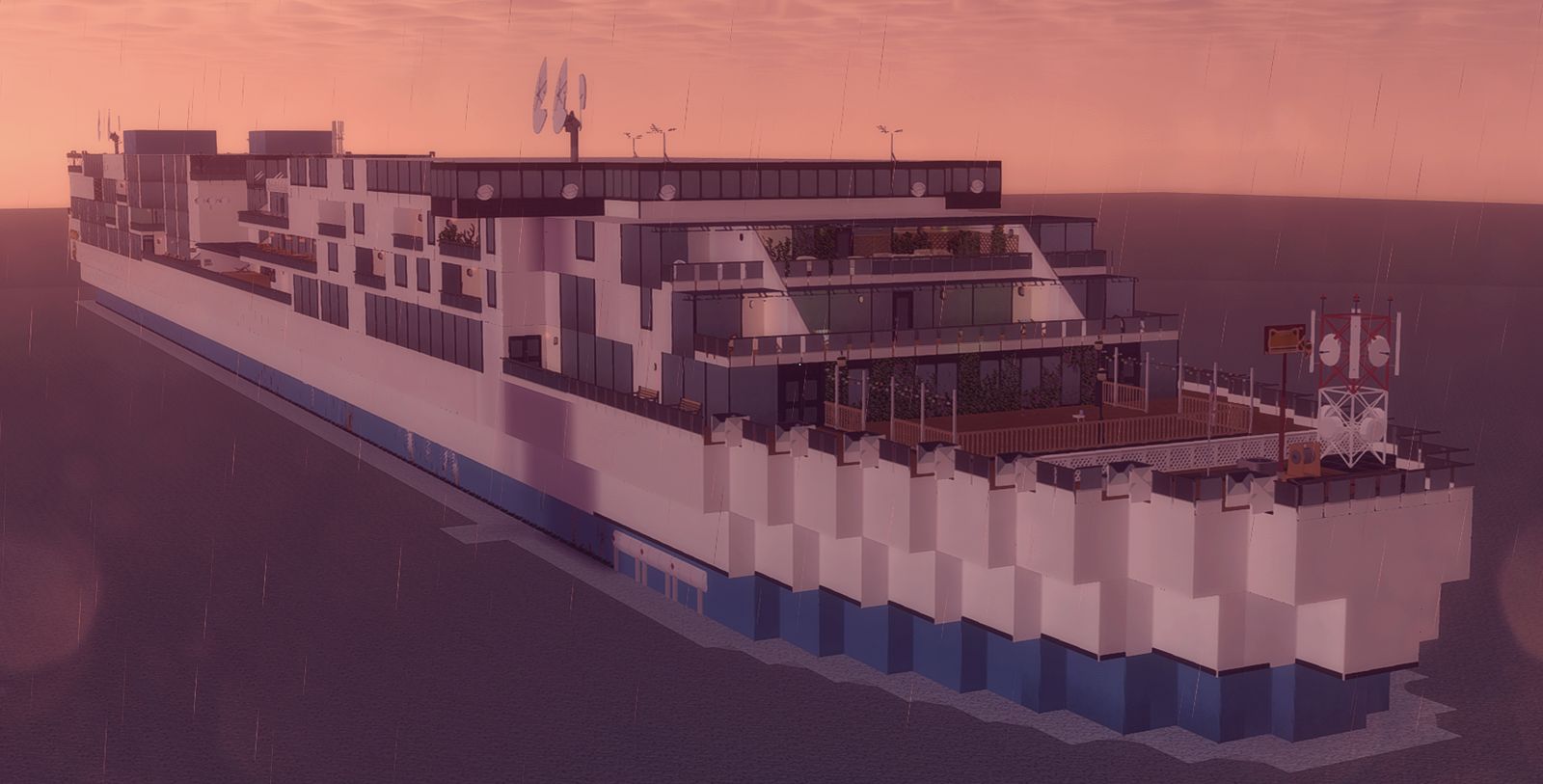 The Path to Zenith, a white river liner, on open water under a rain-streaked pink dusk.
